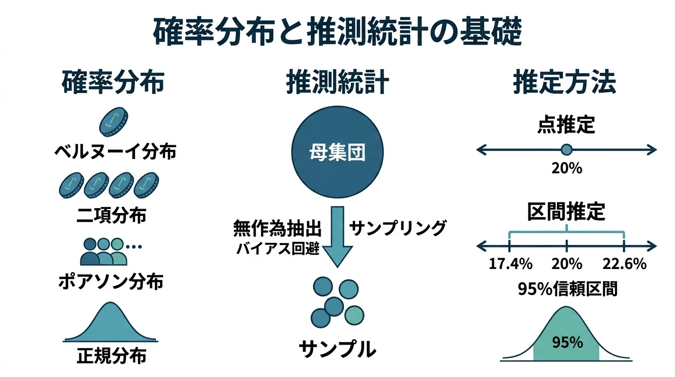 実際の事象におけるデータの分布と確率分布、一部のデータから全体を推測する考え方